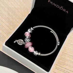 Pandora Silver Cable Bracelet with Pink Beads and Dangling Leaf Charm